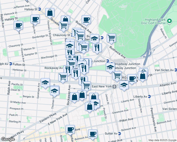 map of restaurants, bars, coffee shops, grocery stores, and more near 81 Mother Gaston Boulevard in Brooklyn