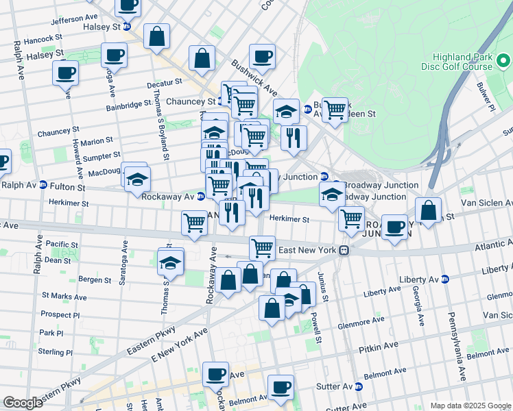 map of restaurants, bars, coffee shops, grocery stores, and more near 81 Mother Gaston Boulevard in Brooklyn
