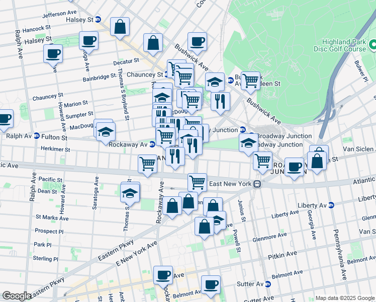 map of restaurants, bars, coffee shops, grocery stores, and more near 81 Mother Gaston Boulevard in Brooklyn
