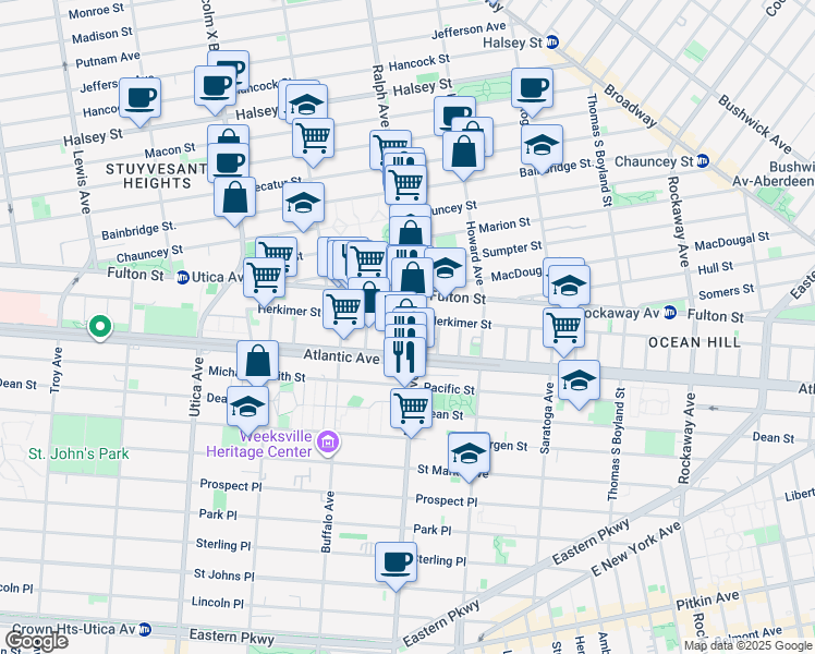 map of restaurants, bars, coffee shops, grocery stores, and more near 1895A Fulton Street in Brooklyn