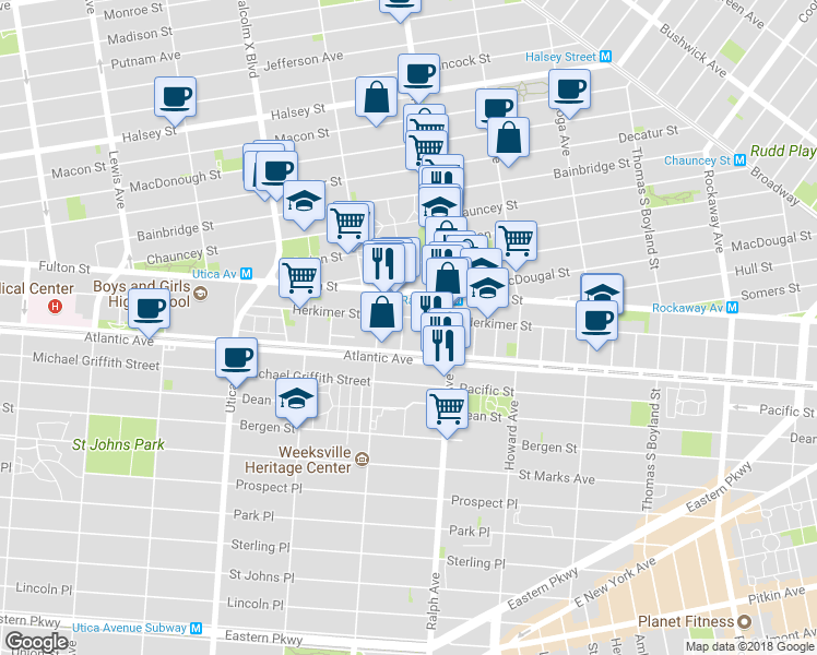 map of restaurants, bars, coffee shops, grocery stores, and more near 919 Herkimer Street in Brooklyn