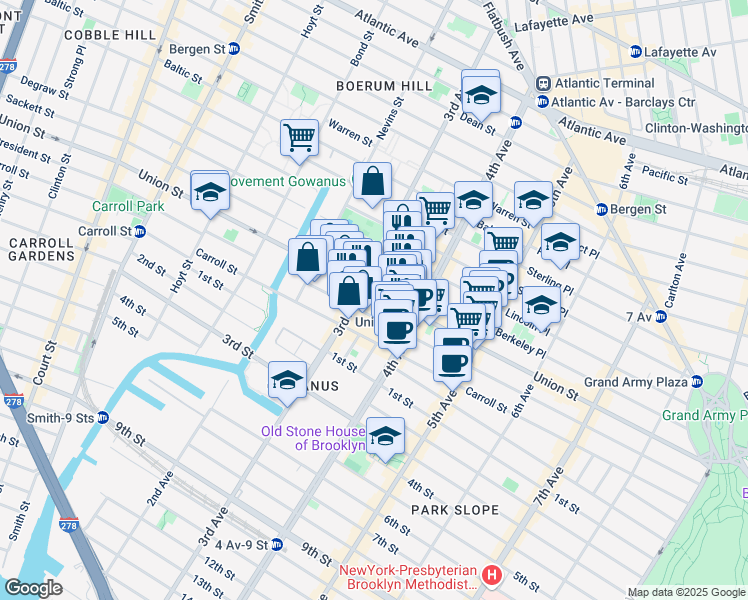 map of restaurants, bars, coffee shops, grocery stores, and more near 625 Union Street in Brooklyn
