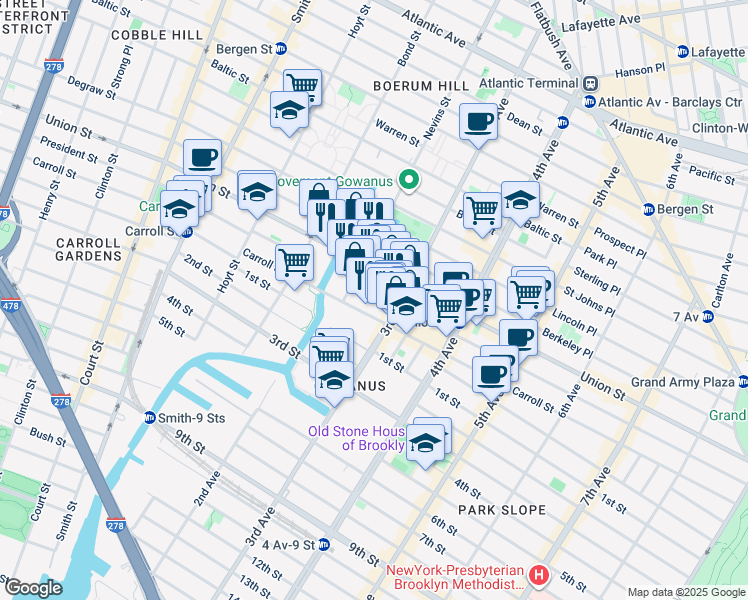 map of restaurants, bars, coffee shops, grocery stores, and more near 469 President Street in Brooklyn