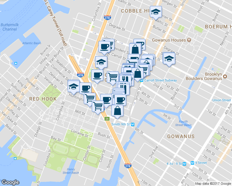 map of restaurants, bars, coffee shops, grocery stores, and more near 61 4th Place in Brooklyn