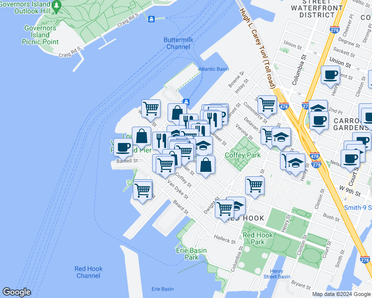 map of restaurants, bars, coffee shops, grocery stores, and more near 114 Sullivan Street in Brooklyn