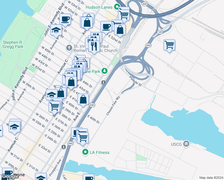map of restaurants, bars, coffee shops, grocery stores, and more near 2 Pulaski Street in Bayonne