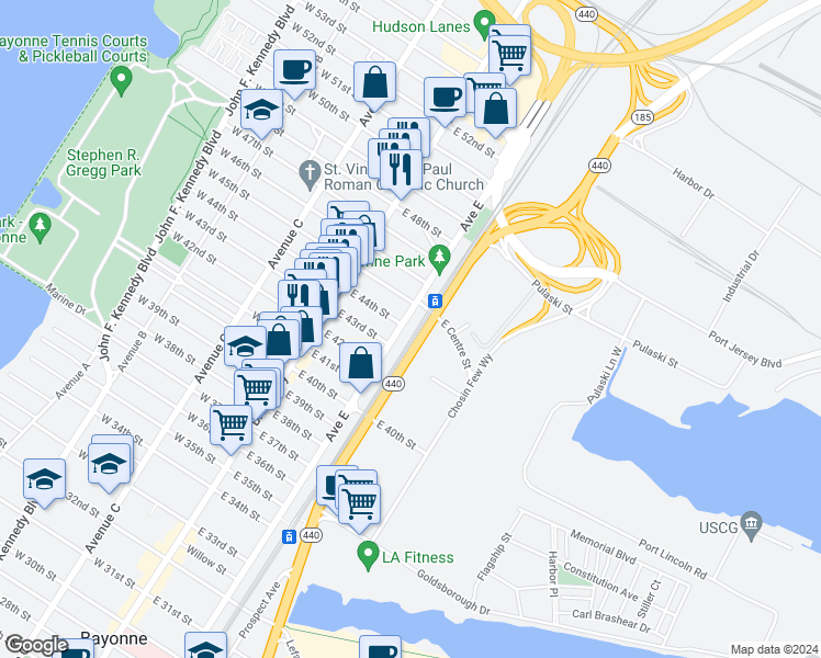 map of restaurants, bars, coffee shops, grocery stores, and more near 709 Avenue E in Bayonne