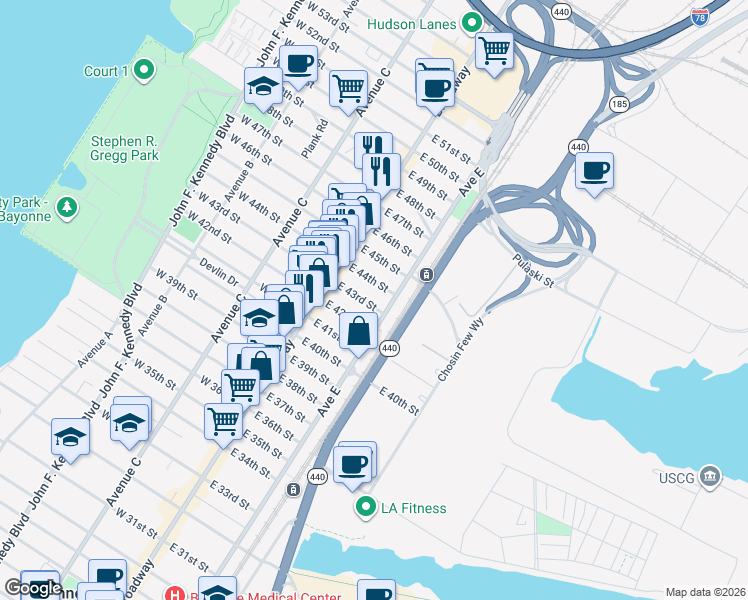 map of restaurants, bars, coffee shops, grocery stores, and more near 24 East 44th Street in Bayonne