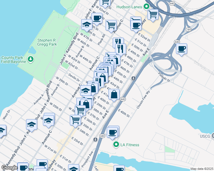 map of restaurants, bars, coffee shops, grocery stores, and more near 905 Broadway in Bayonne