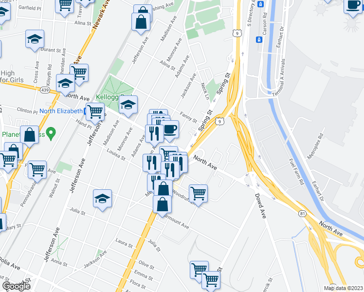 map of restaurants, bars, coffee shops, grocery stores, and more near 821 Van Buren Avenue in Elizabeth