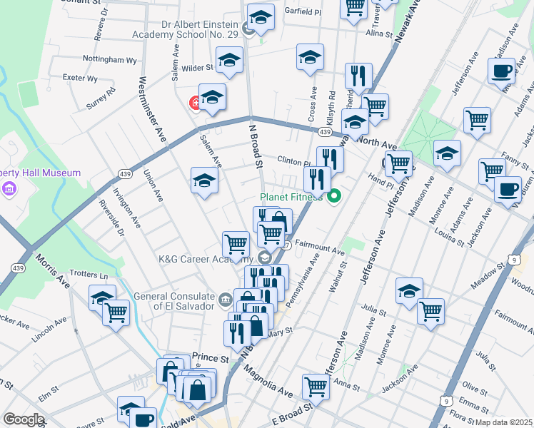 map of restaurants, bars, coffee shops, grocery stores, and more near in Elizabeth