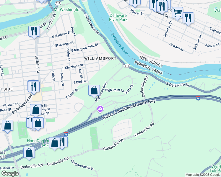 map of restaurants, bars, coffee shops, grocery stores, and more near 109 Vista Drive in Easton