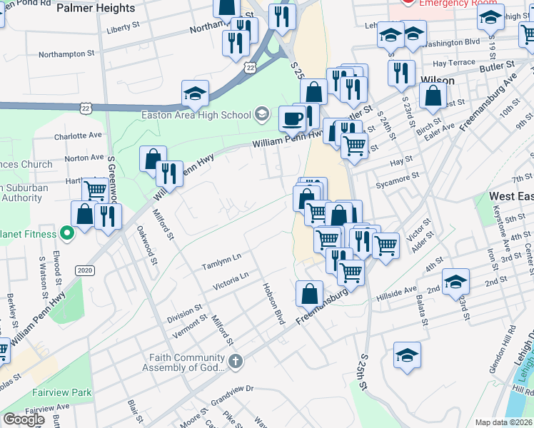 map of restaurants, bars, coffee shops, grocery stores, and more near 2623 Anthony Court in Easton