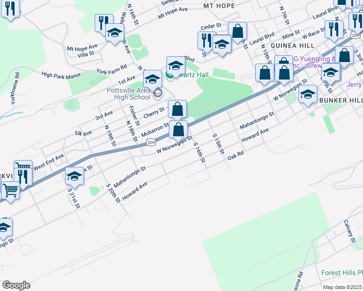 map of restaurants, bars, coffee shops, grocery stores, and more near 1620 West Norwegian Street in Pottsville