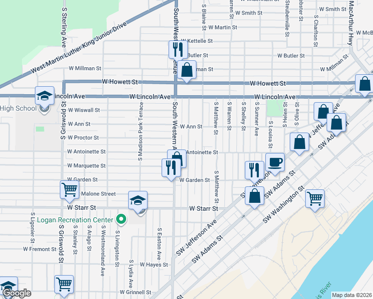 map of restaurants, bars, coffee shops, grocery stores, and more near 921 South Greenlawn Avenue in Peoria