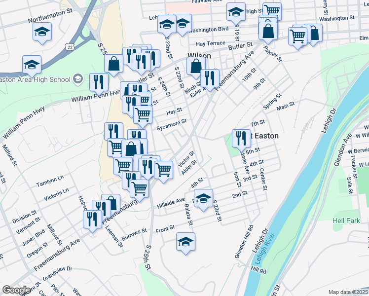map of restaurants, bars, coffee shops, grocery stores, and more near 2416 Freemansburg Avenue in Easton