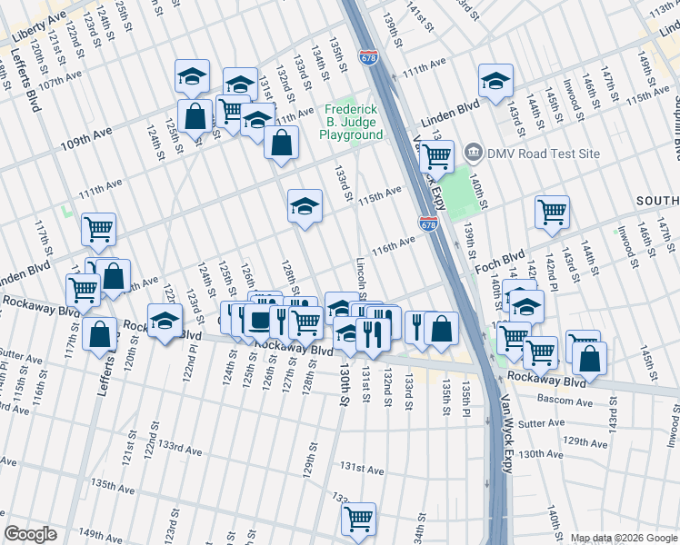 map of restaurants, bars, coffee shops, grocery stores, and more near 115-45 131st Street in Queens