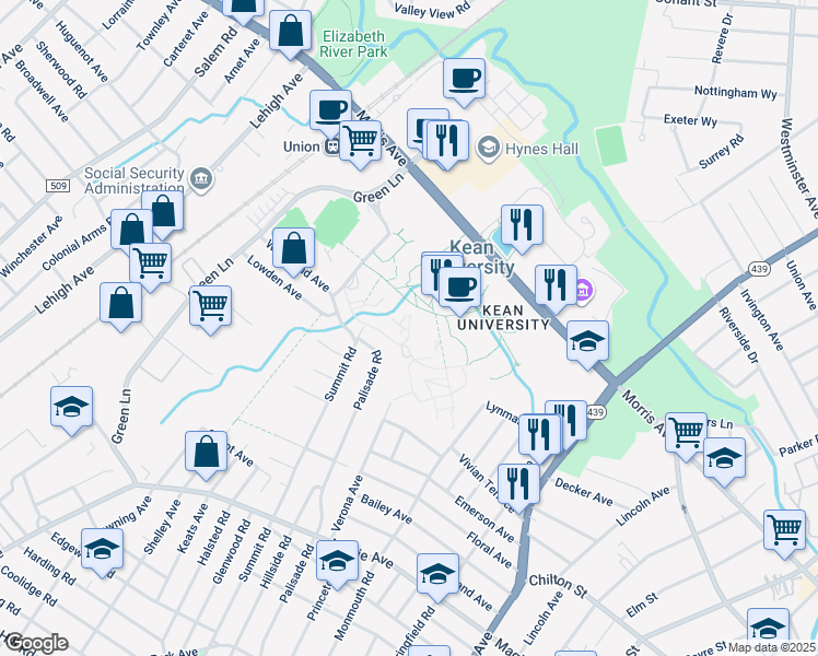 map of restaurants, bars, coffee shops, grocery stores, and more near Service Road in Union