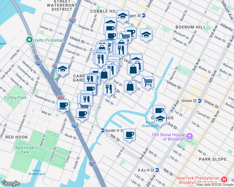map of restaurants, bars, coffee shops, grocery stores, and more near 44 3rd Street in Brooklyn