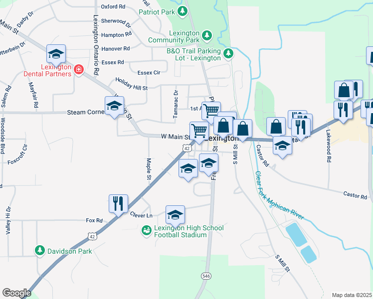 map of restaurants, bars, coffee shops, grocery stores, and more near Delaware Avenue & West Church Street in Lexington