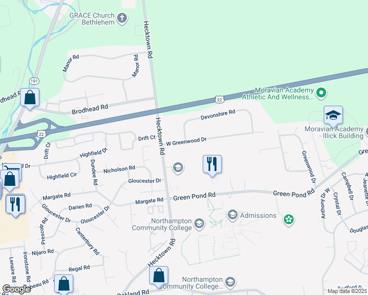 map of restaurants, bars, coffee shops, grocery stores, and more near 3750 West Greenwood Drive in Bethlehem