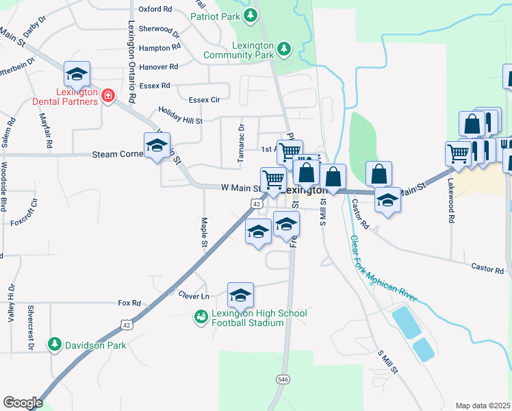 map of restaurants, bars, coffee shops, grocery stores, and more near Delaware Avenue & West Church Street in Lexington