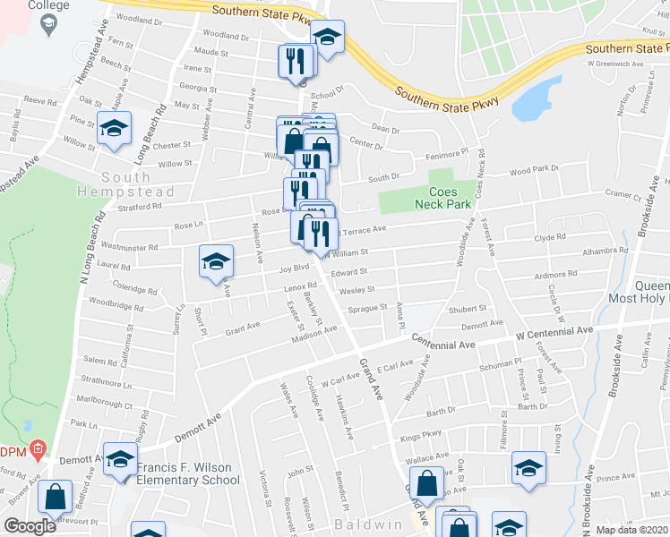 map of restaurants, bars, coffee shops, grocery stores, and more near 731 Edward Street in Baldwin