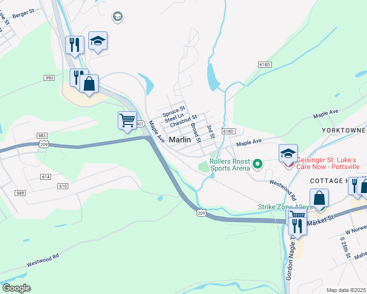 map of restaurants, bars, coffee shops, grocery stores, and more near 213 Walnut Street in Marlin