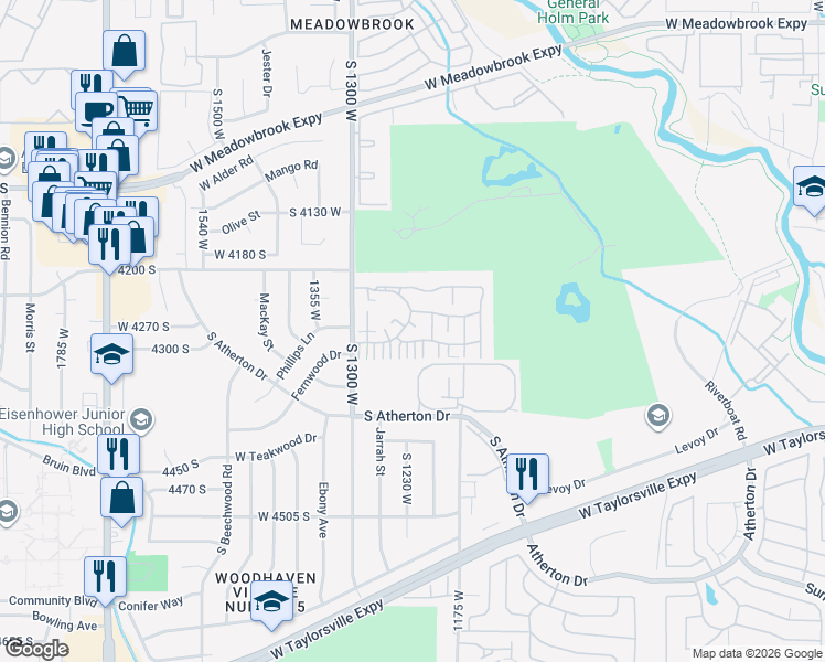 map of restaurants, bars, coffee shops, grocery stores, and more near 1227 Carlton Court in Taylorsville