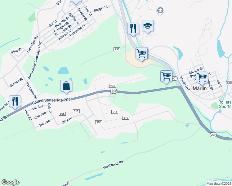 map of restaurants, bars, coffee shops, grocery stores, and more near 1484 Bunting Street in Pottsville