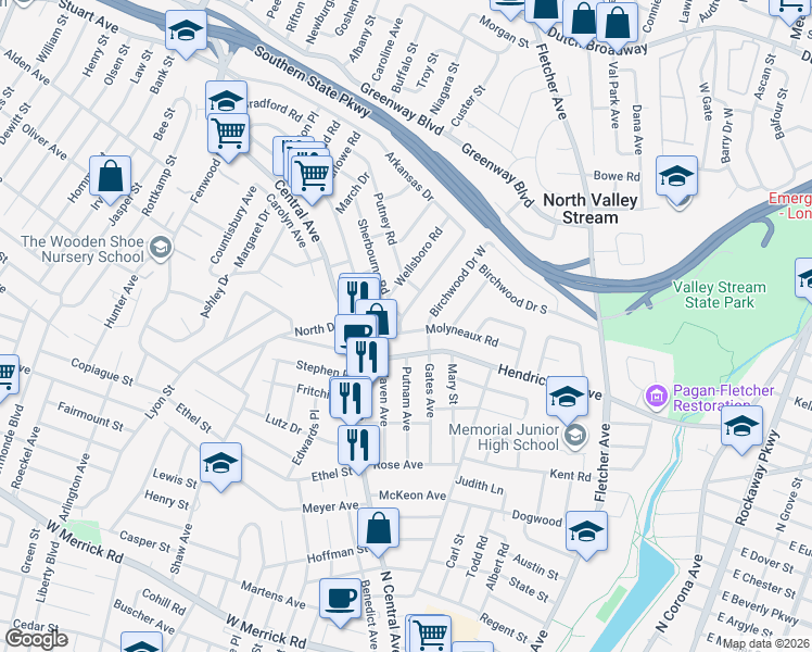 map of restaurants, bars, coffee shops, grocery stores, and more near 75 Birchwood Drive South in Valley Stream
