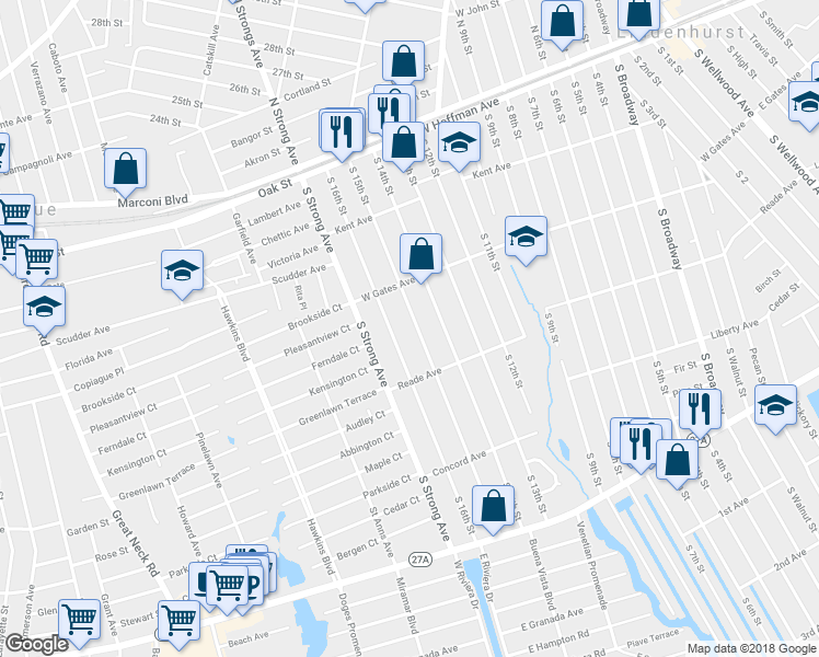 map of restaurants, bars, coffee shops, grocery stores, and more near 315 South 15th Street in Lindenhurst