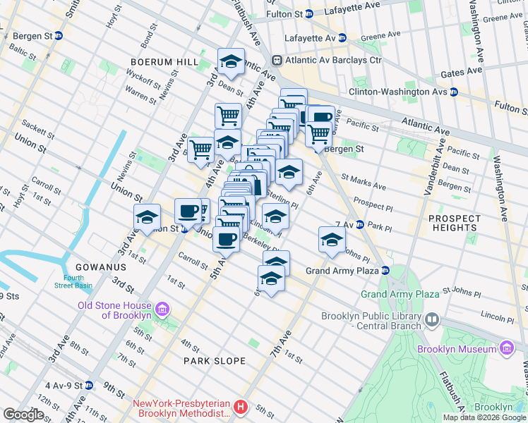 map of restaurants, bars, coffee shops, grocery stores, and more near 30 Saint Johns Place in Brooklyn