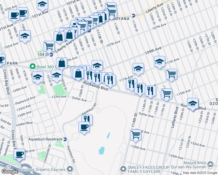 map of restaurants, bars, coffee shops, grocery stores, and more near 109-49 109th Street in Queens