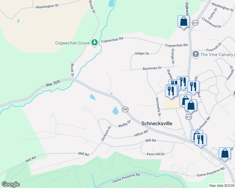map of restaurants, bars, coffee shops, grocery stores, and more near 6453 Pennsylvania 309 in Schnecksville