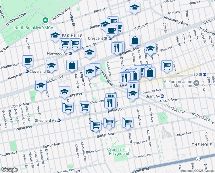 map of restaurants, bars, coffee shops, grocery stores, and more near 999 Liberty Avenue in Brooklyn
