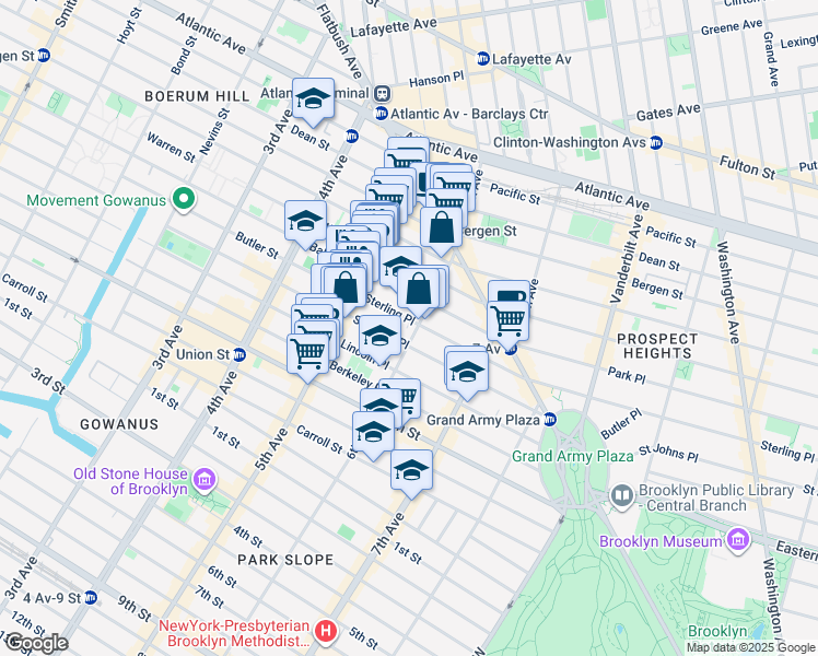 map of restaurants, bars, coffee shops, grocery stores, and more near 45 Sterling Place in Brooklyn