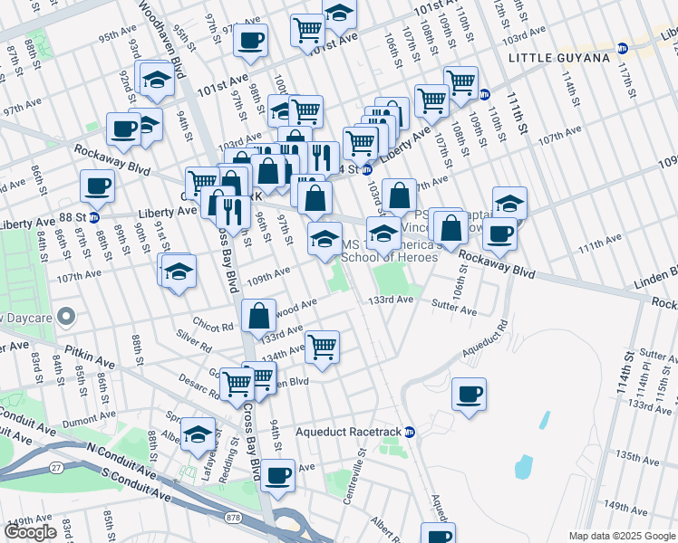 map of restaurants, bars, coffee shops, grocery stores, and more near 97-40 Plattwood Avenue in Queens