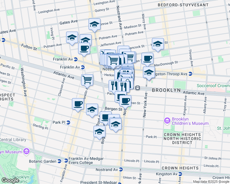 map of restaurants, bars, coffee shops, grocery stores, and more near 1239 Pacific Street in Brooklyn