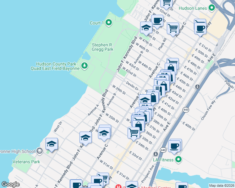 map of restaurants, bars, coffee shops, grocery stores, and more near 103 West 39th Street in Bayonne