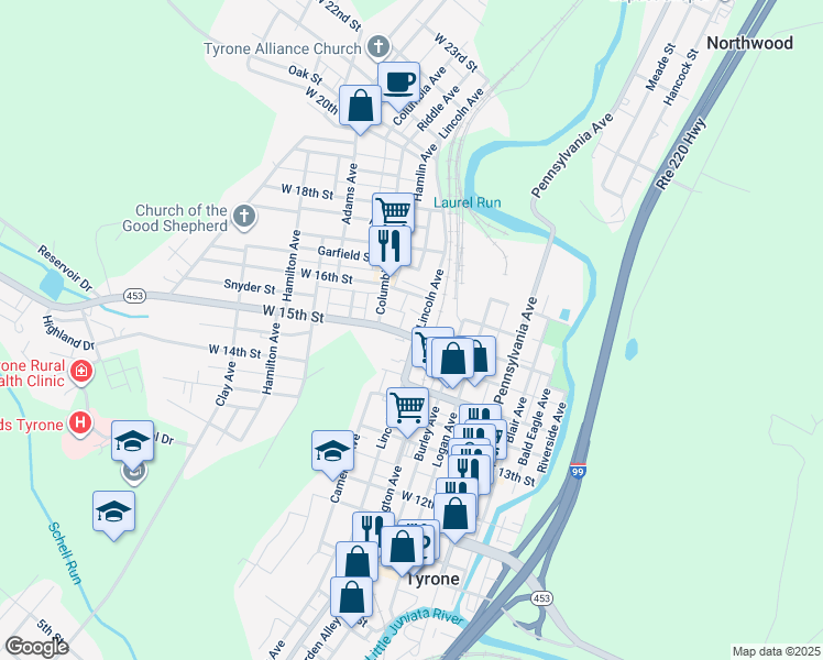 map of restaurants, bars, coffee shops, grocery stores, and more near 306 West 15th Street in Tyrone