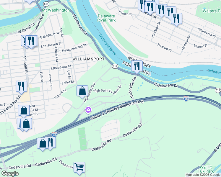 map of restaurants, bars, coffee shops, grocery stores, and more near 135 Vista Drive in Easton