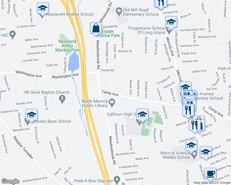 map of restaurants, bars, coffee shops, grocery stores, and more near 1735 Camp Avenue in Merrick
