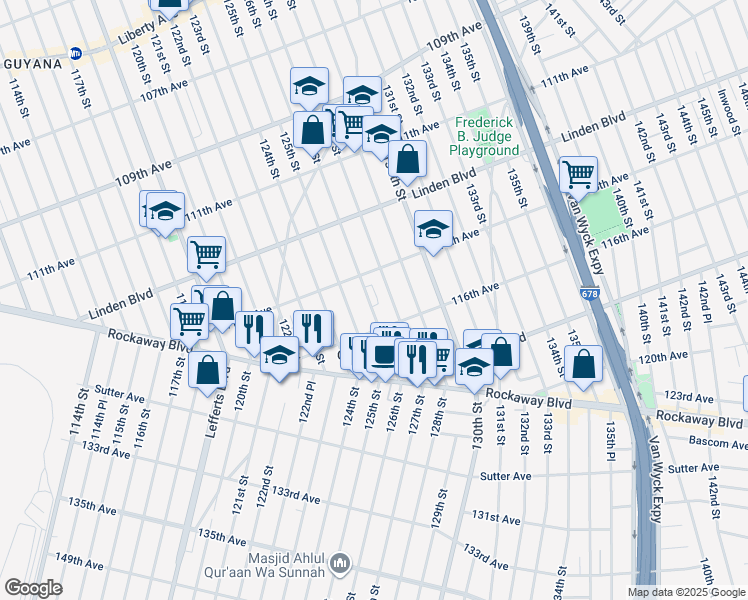 map of restaurants, bars, coffee shops, grocery stores, and more near 115-29 126th Street in Queens