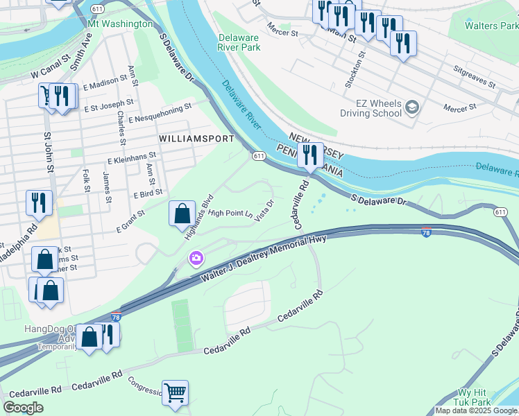 map of restaurants, bars, coffee shops, grocery stores, and more near 135 Vista Drive in Easton