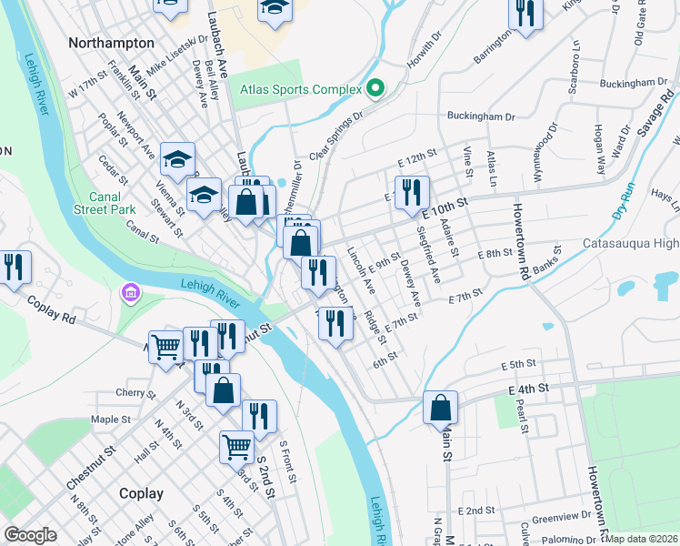 map of restaurants, bars, coffee shops, grocery stores, and more near 947 Washington Avenue in Northampton