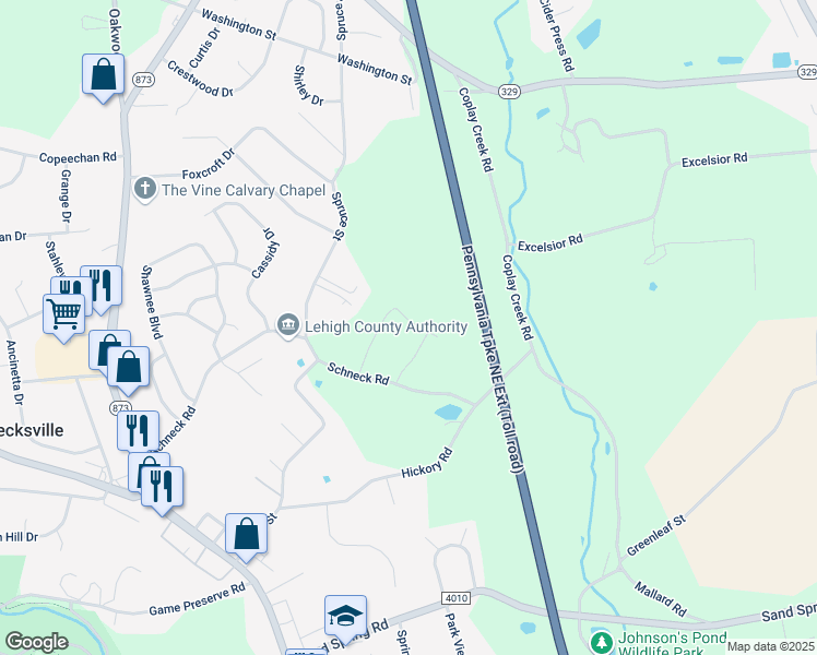 map of restaurants, bars, coffee shops, grocery stores, and more near 4045 Bluestem Drive in Schnecksville