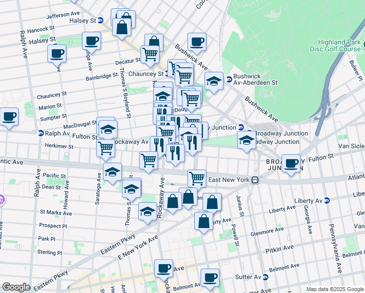 map of restaurants, bars, coffee shops, grocery stores, and more near 2083 Fulton Street in Brooklyn
