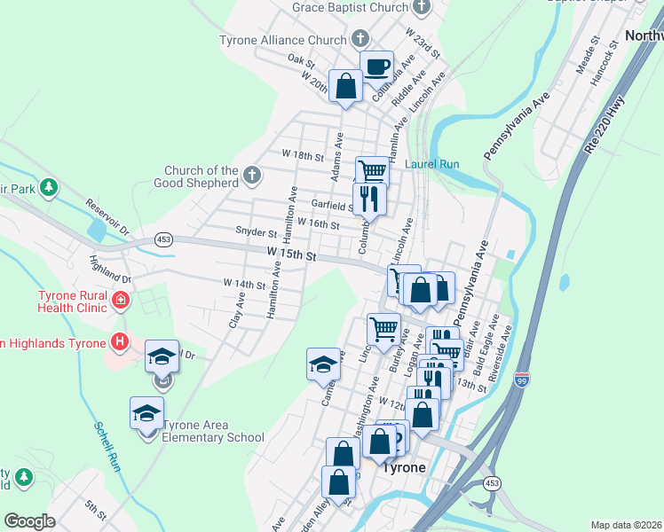 map of restaurants, bars, coffee shops, grocery stores, and more near 420-22 West 15th Street in Tyrone