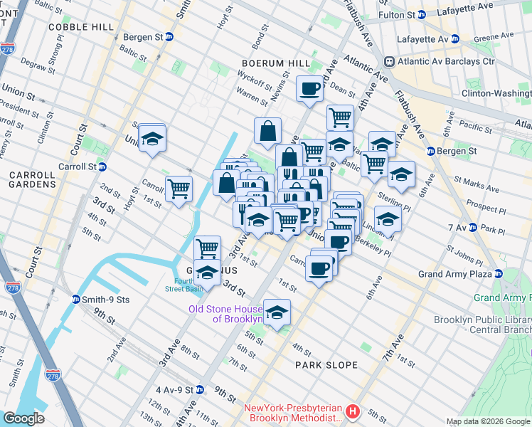 map of restaurants, bars, coffee shops, grocery stores, and more near 625 Union Street in Brooklyn